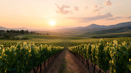 Fototapeta premium A vineyard stretches into the horizon at sunset, surrounded by hills and lush greenery under a glowing sky.