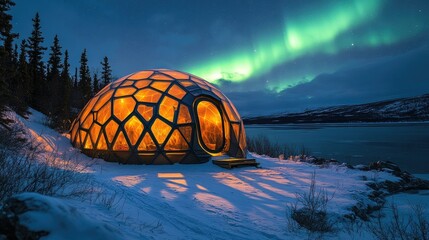 Geodesic tent structure pulsing with amber light, intricate shadow patterns cast on snow, the aurora borealis beginning to dance among countless stars
