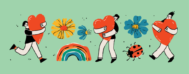 Set of people giving and sharing love, donating. Concept of assistance, care, philanthropy and support. Men and women holding hearts.