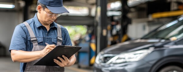 A mechanic in uniform inspects a car and takes notes on a clipboard inside an auto repair shop.
