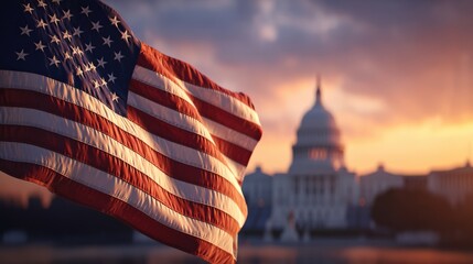 An American flag waves in front of the U.S. Capitol building at sunset, symbolizing patriotism and national pride.