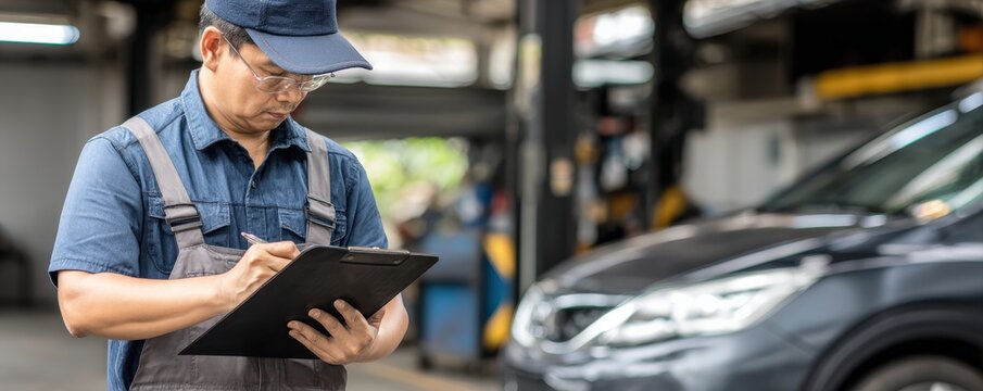A mechanic in uniform inspects a car and takes notes on a clipboard inside an auto repair shop.