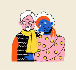 Cute elderly couple. Happy seniors together. Old men and women, spouses. Vector doodle cartoon illustration in flat style