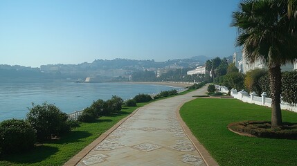 Obraz premium Coastal walkway, with manicured lawns and white buildings along the shoreline