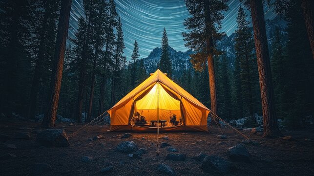 Vintage orange tent radiating honey-colored light in a pine forest, long exposure revealing star trails circling above the shadowy treetops