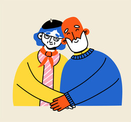 Cute elderly couple. Happy seniors together. Old men and women, spouses. Vector doodle cartoon illustration in flat style