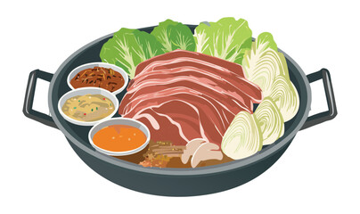 bowl of soup meat and vegetables and spices - vector illustration