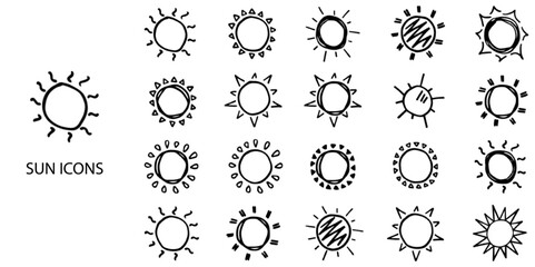 Sun simple concept 24 hand drawn icons set .Vector illustration.