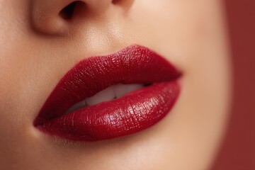 Fototapeta premium Close-up of woman's full red lips with lipstick and perfect skin, demonstrating glamour, sophistication and beauty, against a deep red studio backdrop.