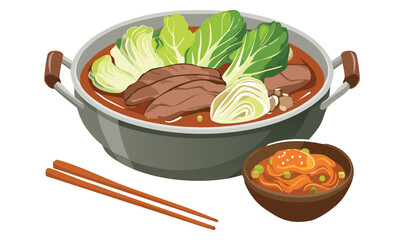 bowl of spicy broth with meat and vegetables - vector illustration