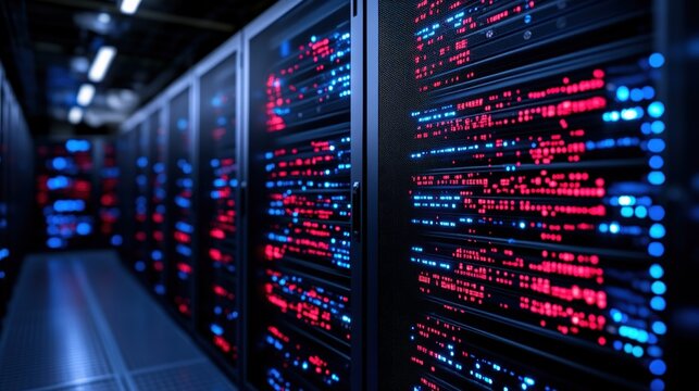 Modern data center with rows of server racks illuminated by colorful lights and high-tech equipment