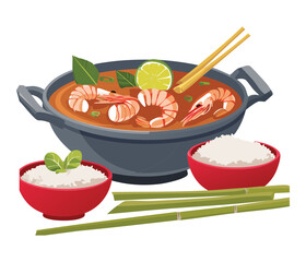 set of hot pot seafood menu soup with rice - vector illustration