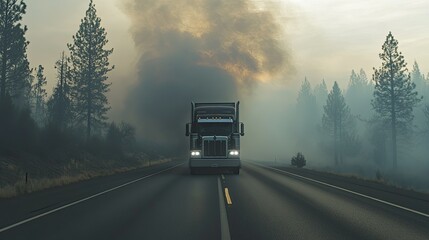 A large gray semi-truck carrying a load of hay bales drives along a winding road, surrounded by tall green pine trees.