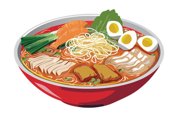 spicy noodles soup with various toppings - vector illustration