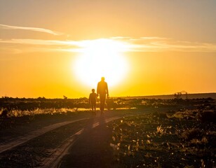 Fototapeta premium Silhouetted father and son walking away into a vibrant sunset. A touching scene of family bonding at golden hour.