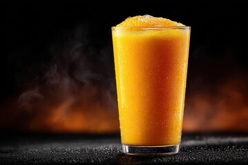Refreshing glass of fresh orange juice with condensation drops, a vibrant beverage, showcasing the epitome of a cool and revitalizing summer treat.