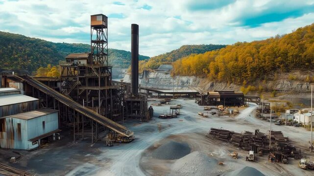 Abandoned mining processing plant showing conveyor belts, silos and autumnal trees