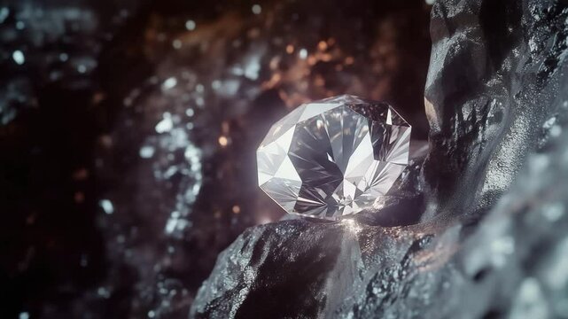 Large brilliant cut diamond resting on dark rock formation