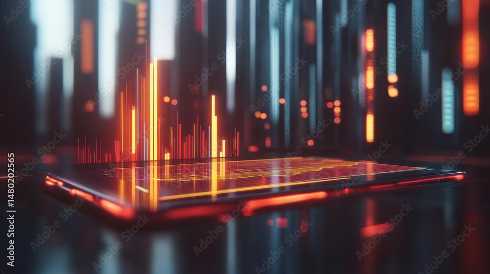 Poster digital dashboard with graphs and data visualization in cityscape