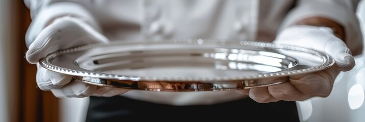 Fototapeta premium Hands in white gloves holding a silver serving tray
