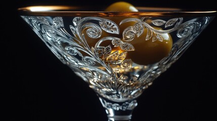 A classic martini in a sleek, inverted conical glass, featuring three green olives on a cocktail pick.