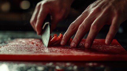 A close-up image of hands chopping red onions on a bright red cutting board.