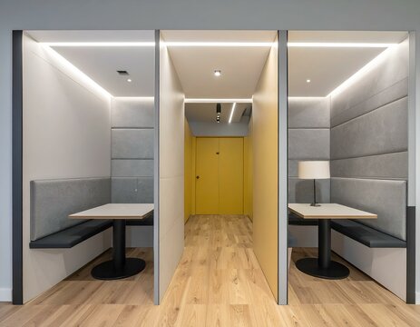 Modern office interior design with three private booths, each featuring a small table and built-in seating. Ideal for meetings or focused work.