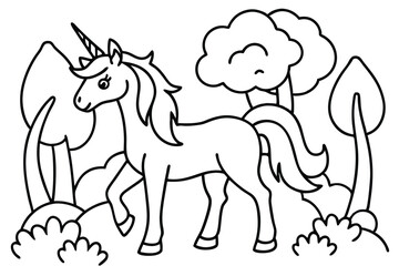 Fototapeta premium Black outline shows a cartoon unicorn standing near trees and bushes