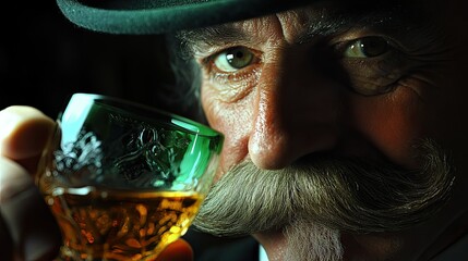 A clear glass with a rounded shape contains amber-colored liquid, adorned with a bright green felt mustache placed across the upper rim.