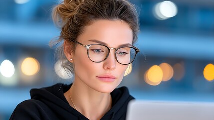 Professional Woman Engaged in Work on Laptop with Soft Rim Lighting and Silhouette