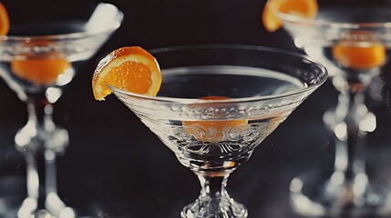A close-up of a martini glass filled with a dark cocktail, garnished with a curled orange peel.