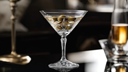 A close-up of a martini glass filled with clear liquid, featuring three green olives garnished with a toothpick.