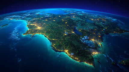 Fototapeta premium Earth view from space: A breathtaking display of city lights illuminating the planet's surface.
