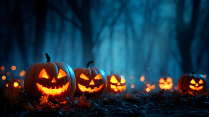 Obraz premium Halloween Pumpkins Illuminated in the Misty Night Forest