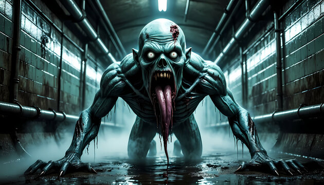 A grotesque, monstrous humanoid with glowing eyes, an extended tongue, and sharp claws emerges menacingly from a foggy, dimly lit underground tunnel - Powered by Adobe
