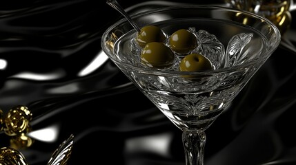 A close-up of a martini glass filled with clear liquid, featuring two green olives with pimentos floating inside.