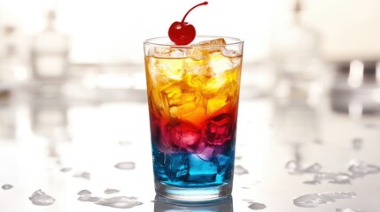 A tall glass filled with a vibrant pink beverage, ice cubes are floating in the drink.