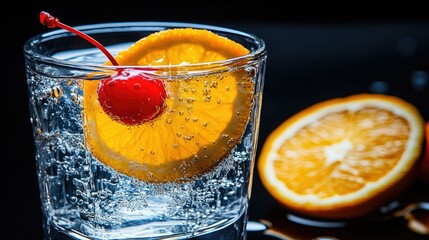 A glass filled with a vibrant red beverage, featuring ice cubes and garnished with an orange slice and a maraschino cherry.