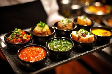 A gourmet appetizer platter featuring a variety of vibrant and flavorful dips and tapas, served in small black bowls, showcasing a modern culinary experience.