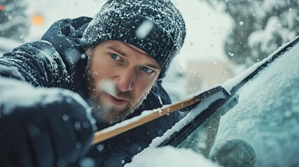 A man is clearing snow from the windshield of a car in a winter setting.