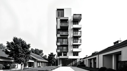A modern multi-story apartment building stands between low-rise houses in a suburban neighborhood.