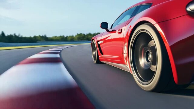 Red sports car speeding on a racetrack at sunset