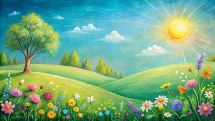 Naklejka premium Whimsical Chalk Mother's Day Landscape: Hand-Drawn Floral Spring Meadow