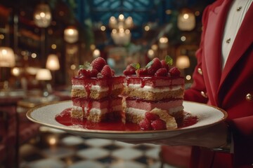 A delicious raspberry cake with red sauce is presented by a waiter, elegant background, restaurant setting, cake layers with cream, berries, rich sauce, elegant service.