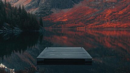 A serene landscape featuring a calm lake surrounded by majestic mountains.