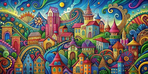 Whimsical Cityscape Doodle Art Pattern: Magical Urban Fantasy Illustration