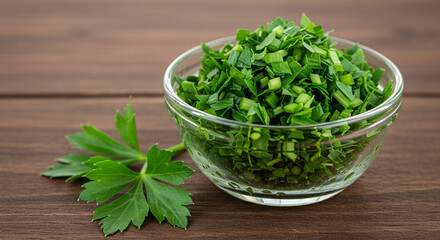 Fototapeta premium A glass bowl of chopped fresh herbs is placed on a dark wooden surface, close up.