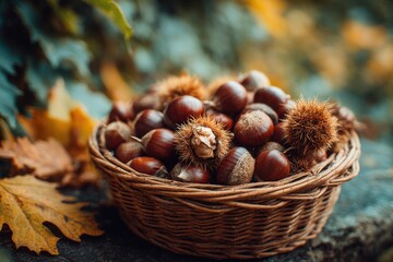 Close-up of a basket filled with fresh chestnuts and husks, autumn harvest, representing fall season, healthy eating, and natural woodland food traditions, on stone, nature.