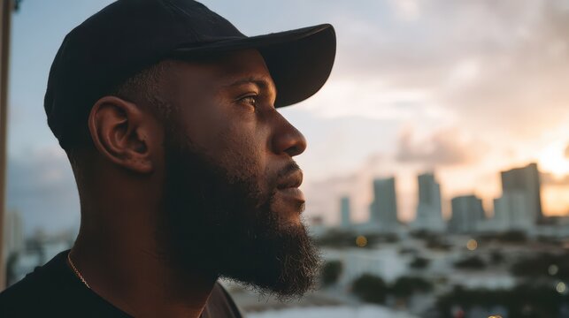 Close-up profile view of a man with a beard and a cap.