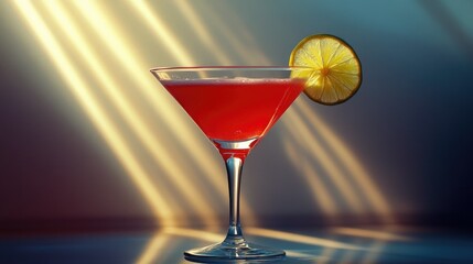 A short cocktail glass filled with vibrant red liquid and ice cubes, garnished with a lime wedge.